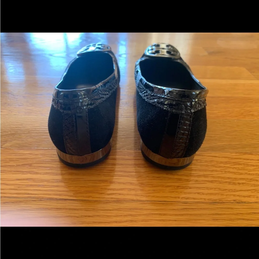 Tory Burch Womens Square Toe Black Swede Patent Logo Ballet Flats Shoes Sz 7.5 M